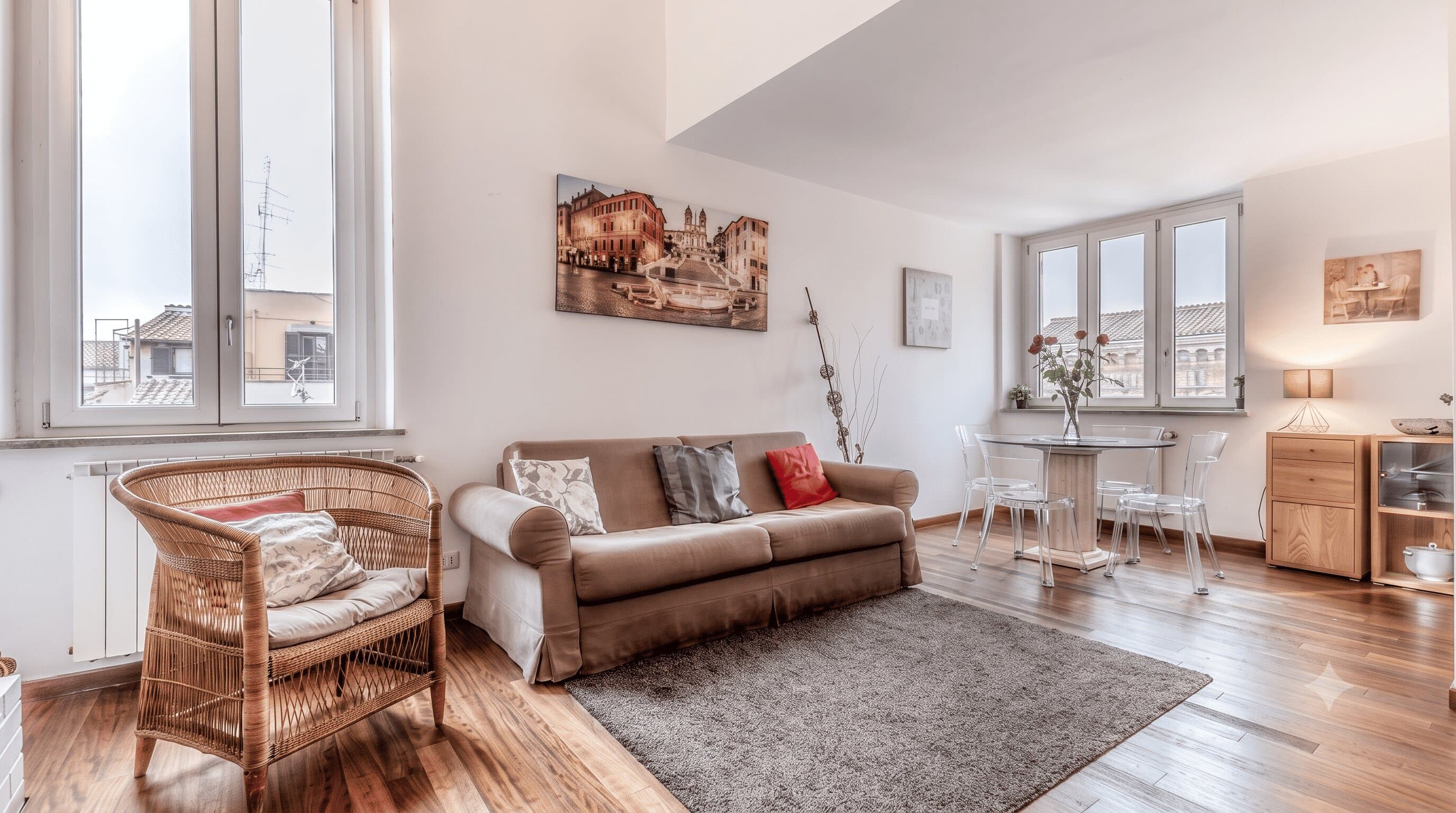 Bright living room at Il Palazzetto with sofa, dining table and windows onto Rome's rooftops